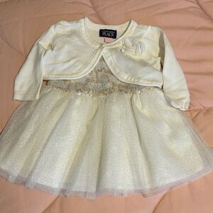 The Children’s Place White and Gold Baby Dress with Cotton Bolero 0-3M